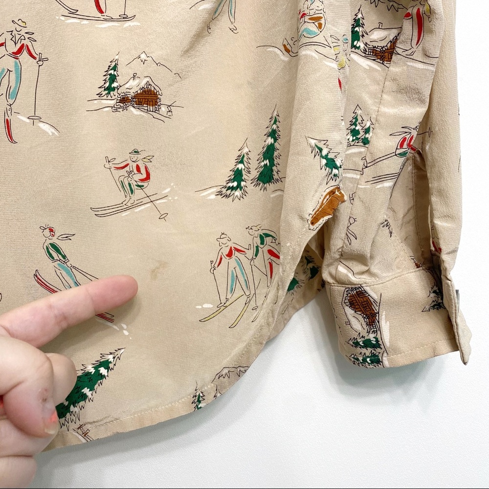 vintage | evan piccone skiing skating winter fun print silk blouse m - Picture 11 of 12